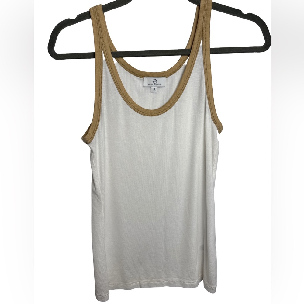 AG Adriano Goldschmied Ribbed Tank Top – White / Tan Trim – Size M